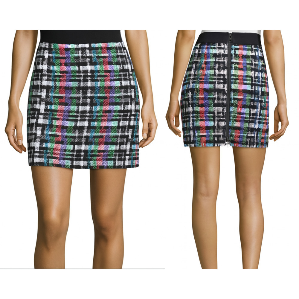 Milly $125 London Tweed Wool Mini Skirt Zipback Elastic Waist Glam Chic Preppy